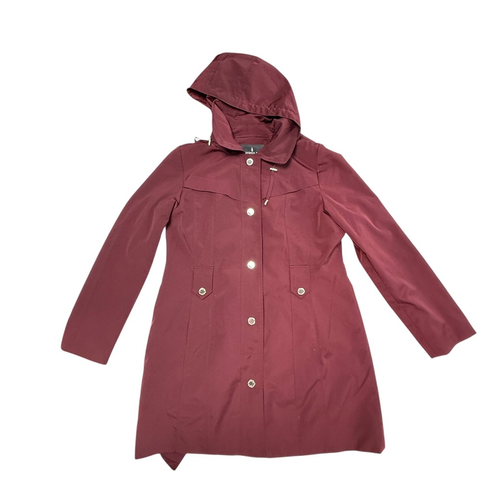 London Fog‎ Burgundy Hooded Trench Coat Women's Size M Water Resistant